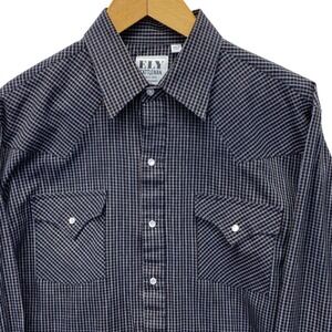 Ely Cattleman Western Pearl Snap Shirt Mens Large Black Brown Grid Plaid VTG